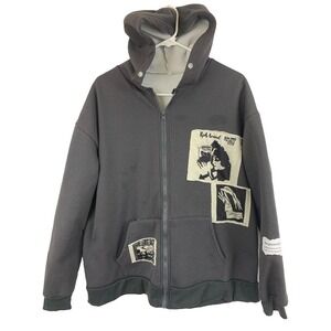 Streetwear Graphic Patch Zip Hoodie Gray Grunge Y2K Fleece Men's L 23x Rob Brand